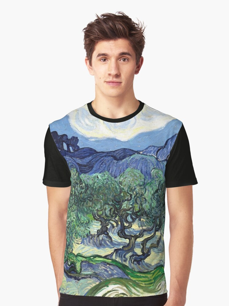 "Vincent Van Gogh's Masterpiece 'Olive Trees with the Alpilles in the Background' Printed on a Graphic T-Shirt" - Men