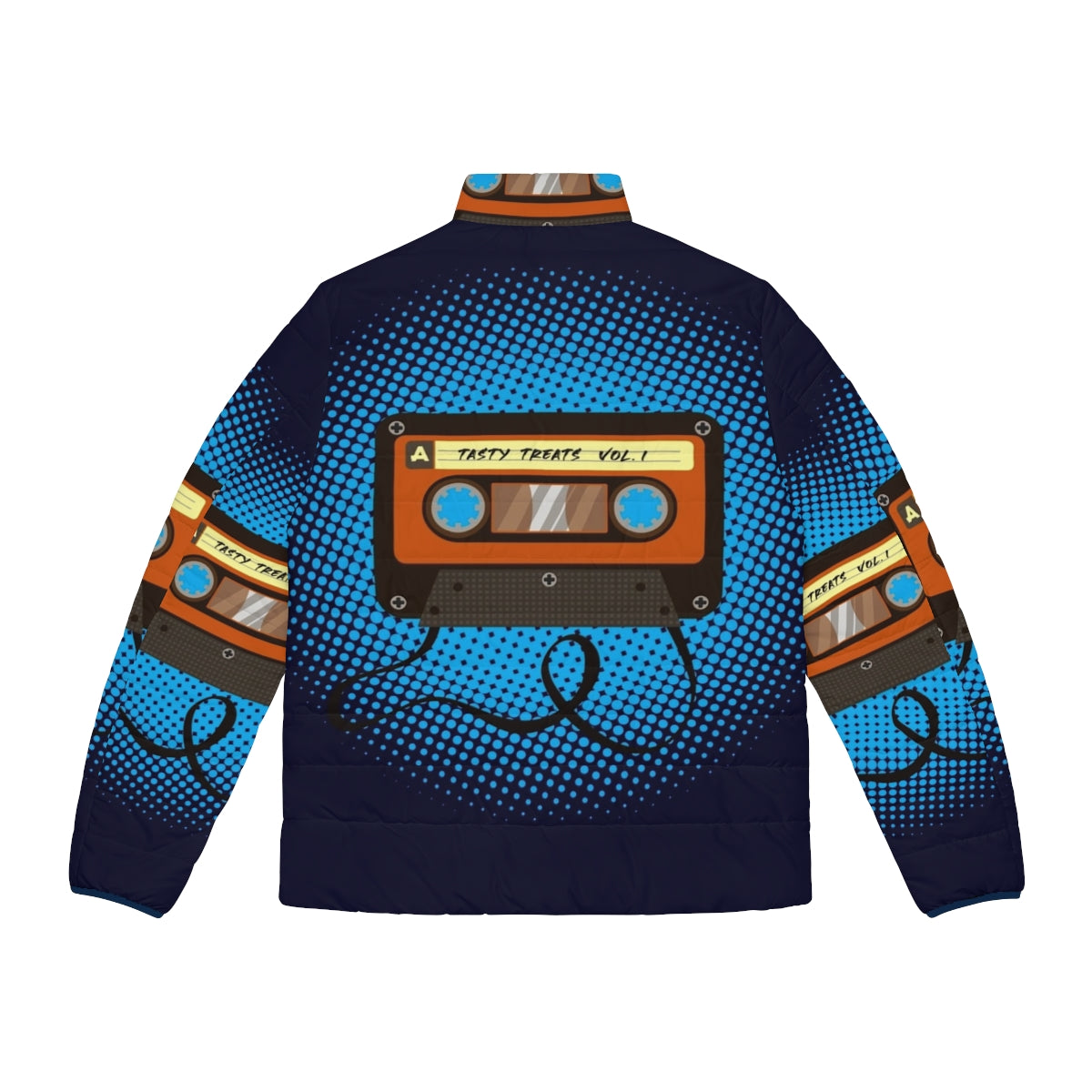 Tasty Treats Vol 1 Puffer Jacket featuring a cassette design in blue, orange, and brown colors - Back