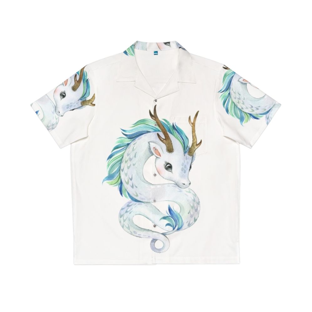 Mythical dragon printed on a colorful hawaiian shirt