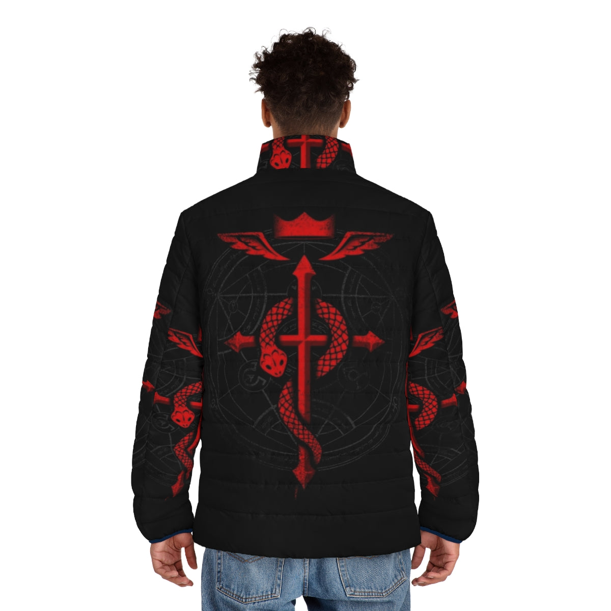 Alchemist Flamel Puffer Jacket featuring Fullmetal Alchemist symbols and imagery - men back