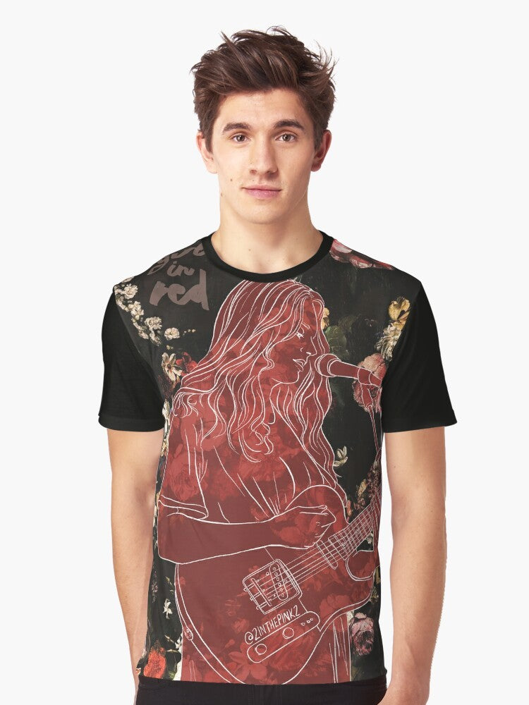 Indie rock-inspired graphic t-shirt featuring a girl in red design with roses - Men