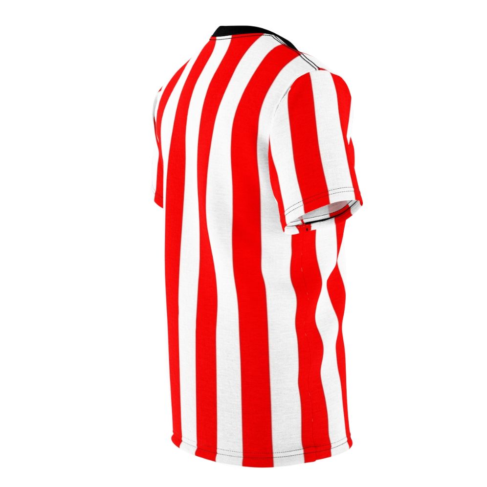 A person wearing a red and white vertical striped t-shirt with a minimalist, geometric pattern design. - men right