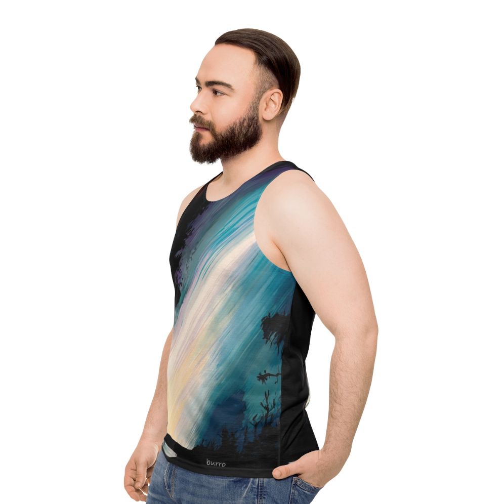 Vibrant sci-fi illustration of a fire in the sky with UFOs on a unisex tank top - men side