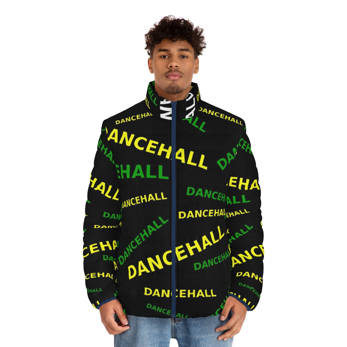 Dancehall-inspired puffer jacket with vibrant color accents - men front