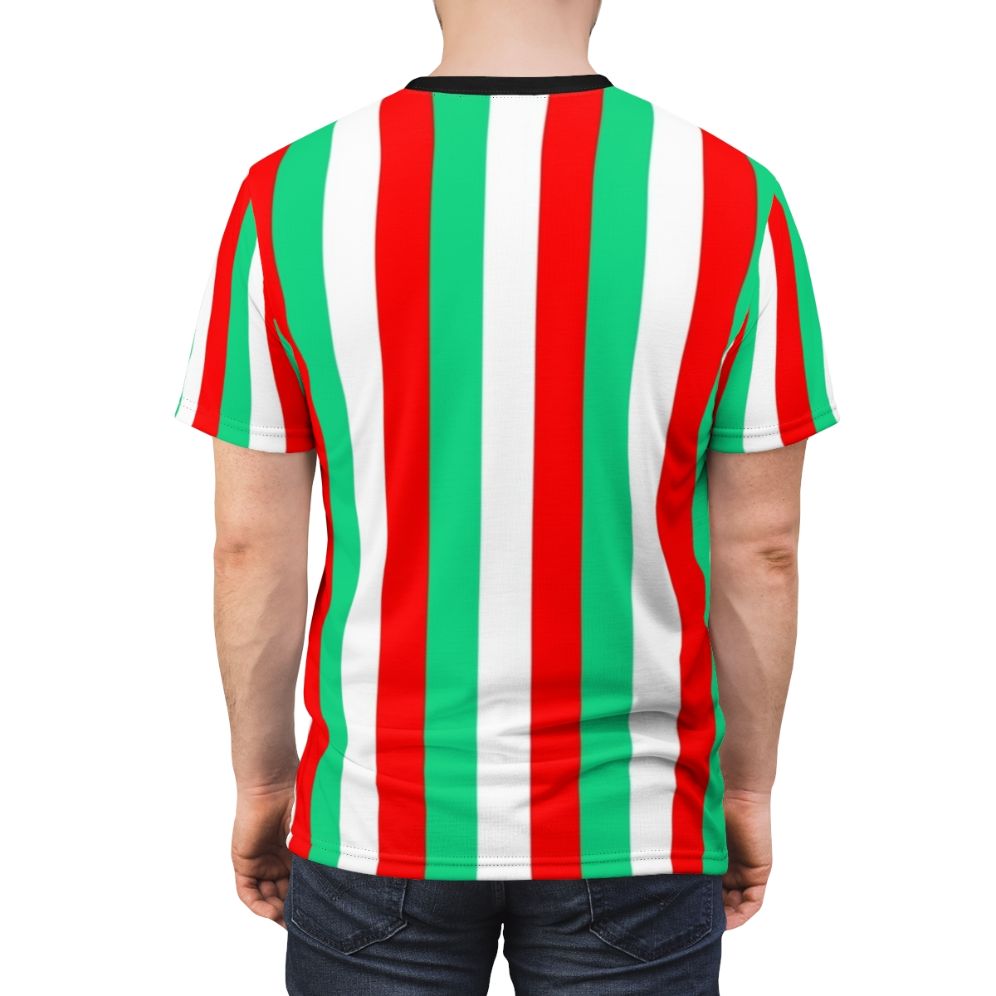 Vibrant red, green, and white striped t-shirt with a bold, graphic design - men back