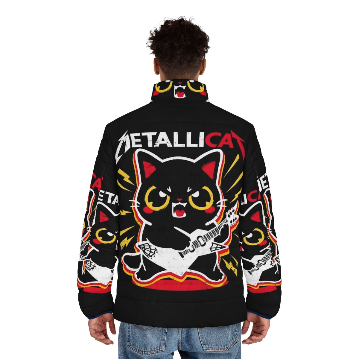 A metallic puffer jacket featuring a cat design, perfect for music lovers and metalheads. - men back