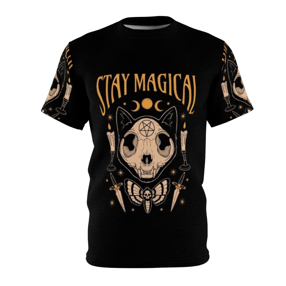 Person wearing a t-shirt featuring a mystical cat skull design with occult and astrological elements.