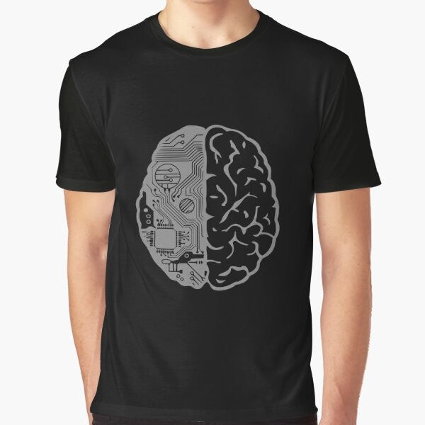 Graphic t-shirt design featuring a brain filled with binary code and the text "Coding Brain"