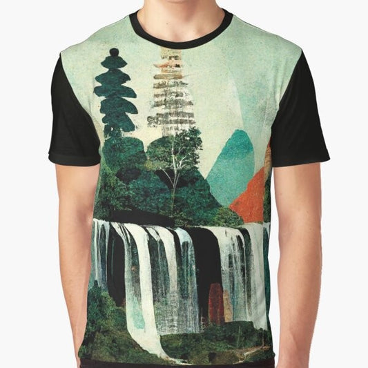 Graphic t-shirt featuring a beautiful, AI-generated landscape with waterfall artwork