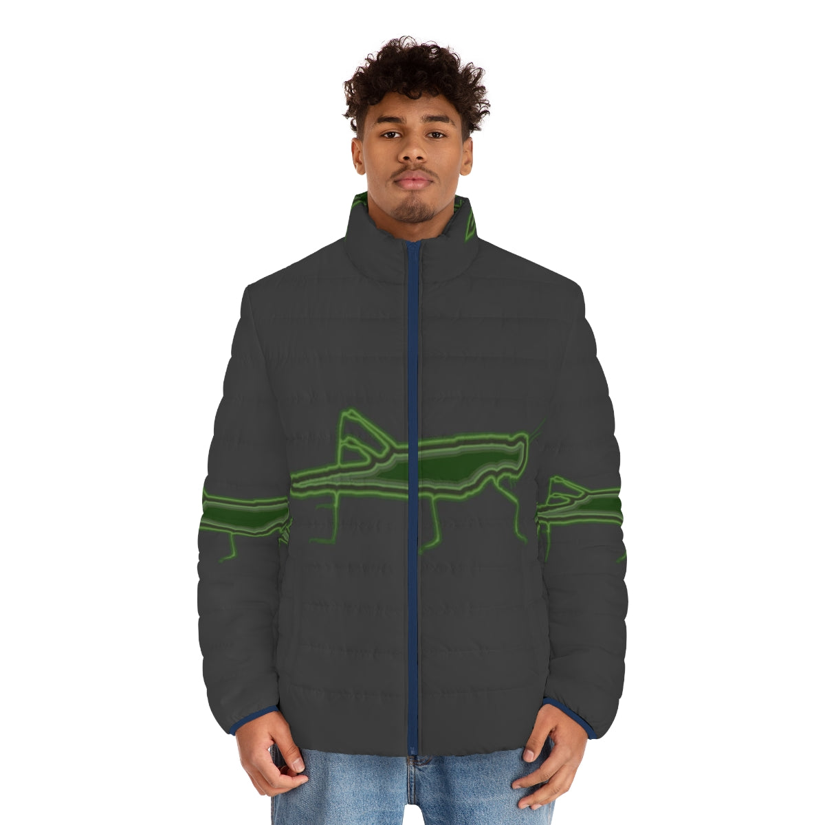 Colorful puffer jacket featuring a grasshopper design representing legendary animals - men front