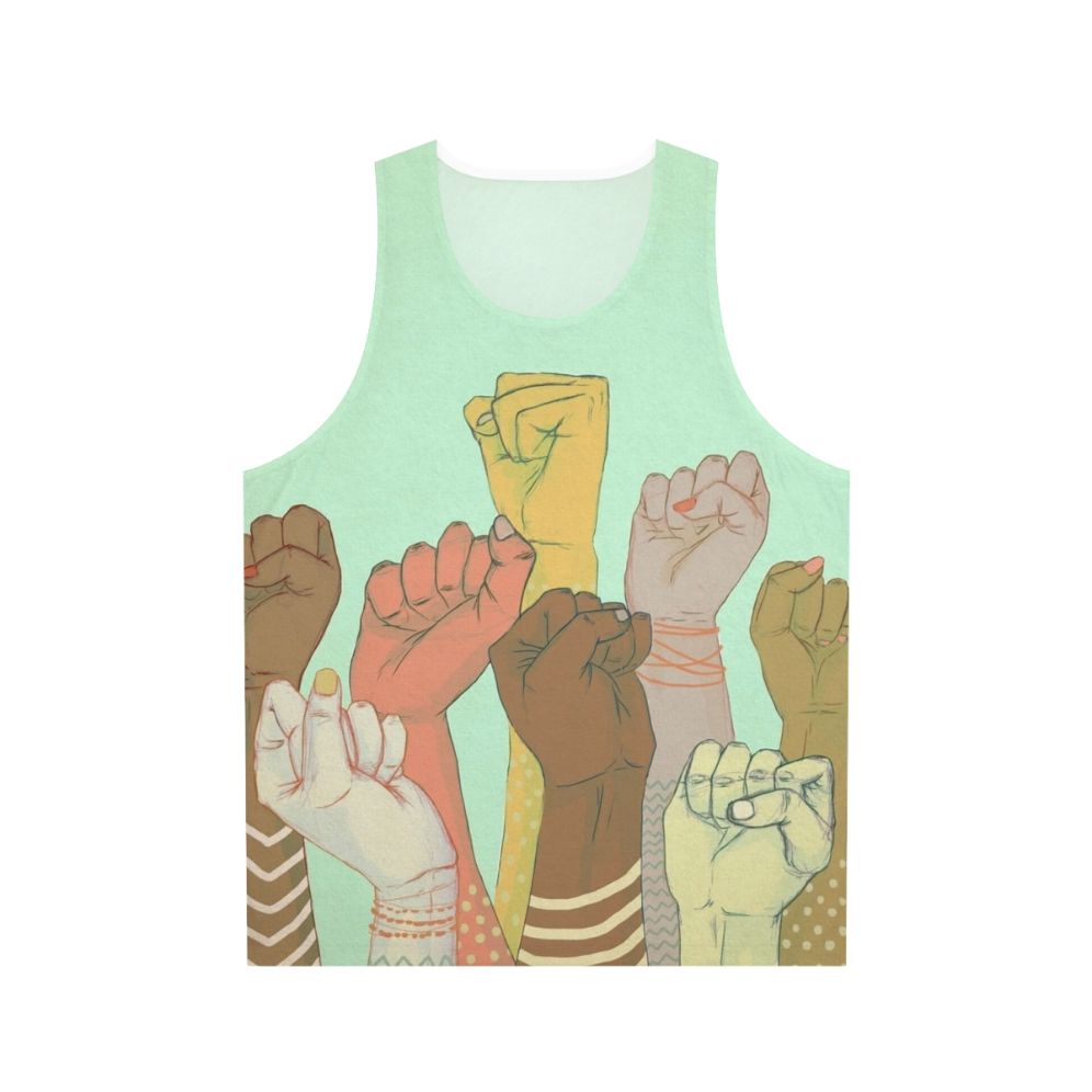 Unisex tank top with colorful arm pattern design representing diversity and unity