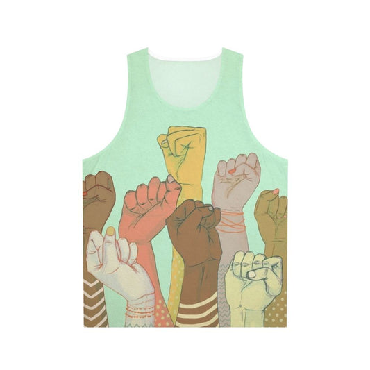 Unisex tank top with colorful arm pattern design representing diversity and unity