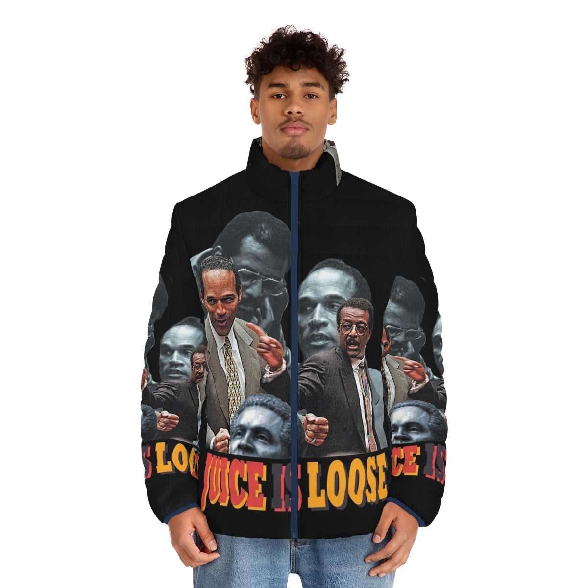 Juice Is Loose vintage 90s puffer jacket featuring OJ Simpson Ford Bronco design - men front