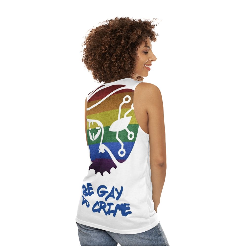 Unisex tank top with "Be Gay Do Crime" graphic - women back