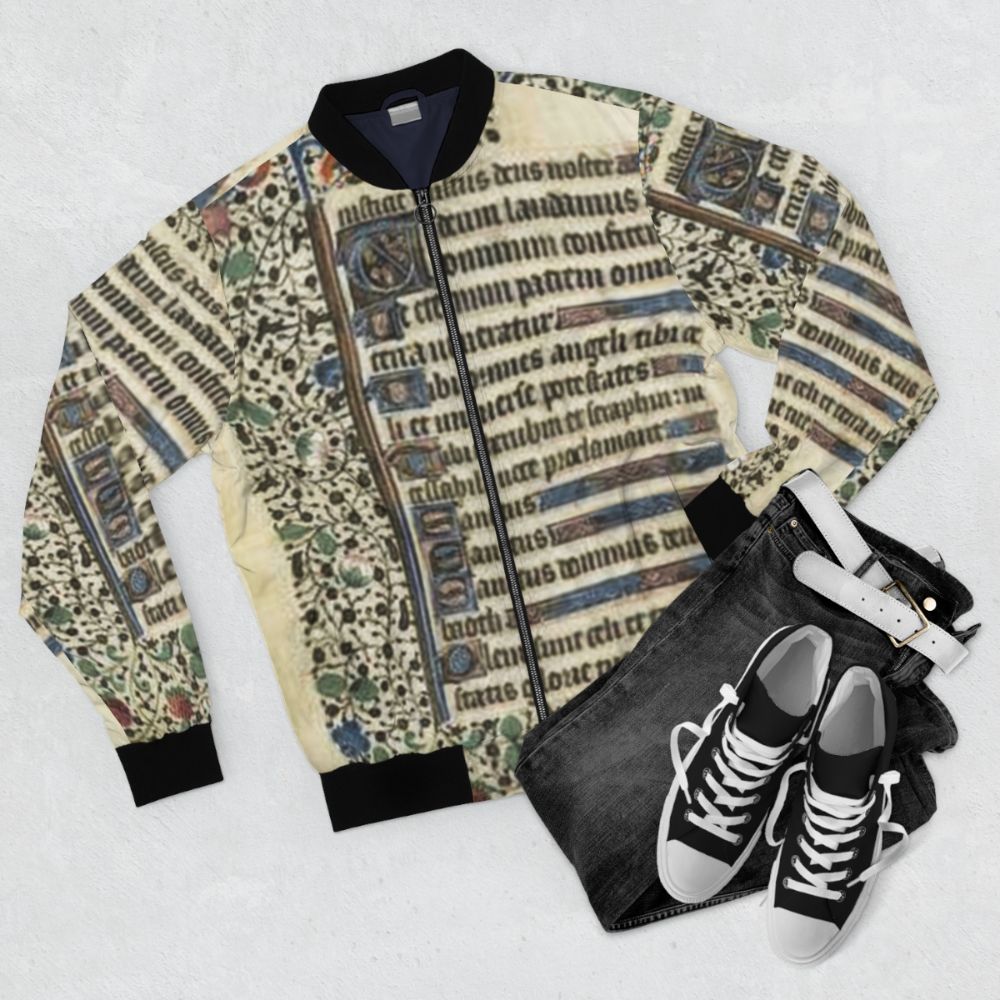 Elaborate bomber jacket featuring an illuminated manuscript design - Flat lay