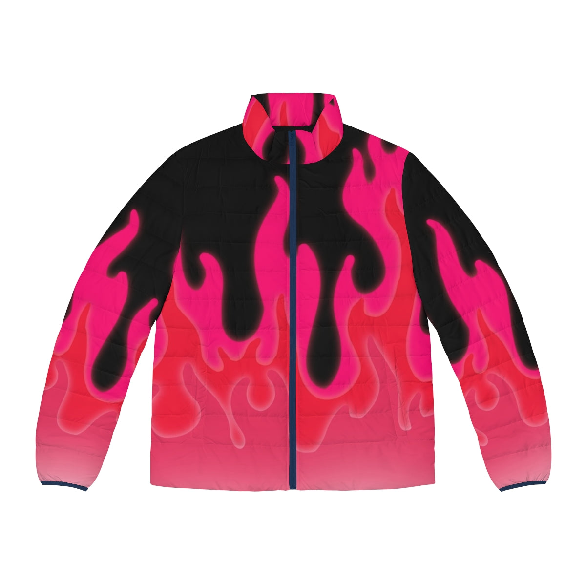 Reddish pink puffer jacket with vibrant flames pattern