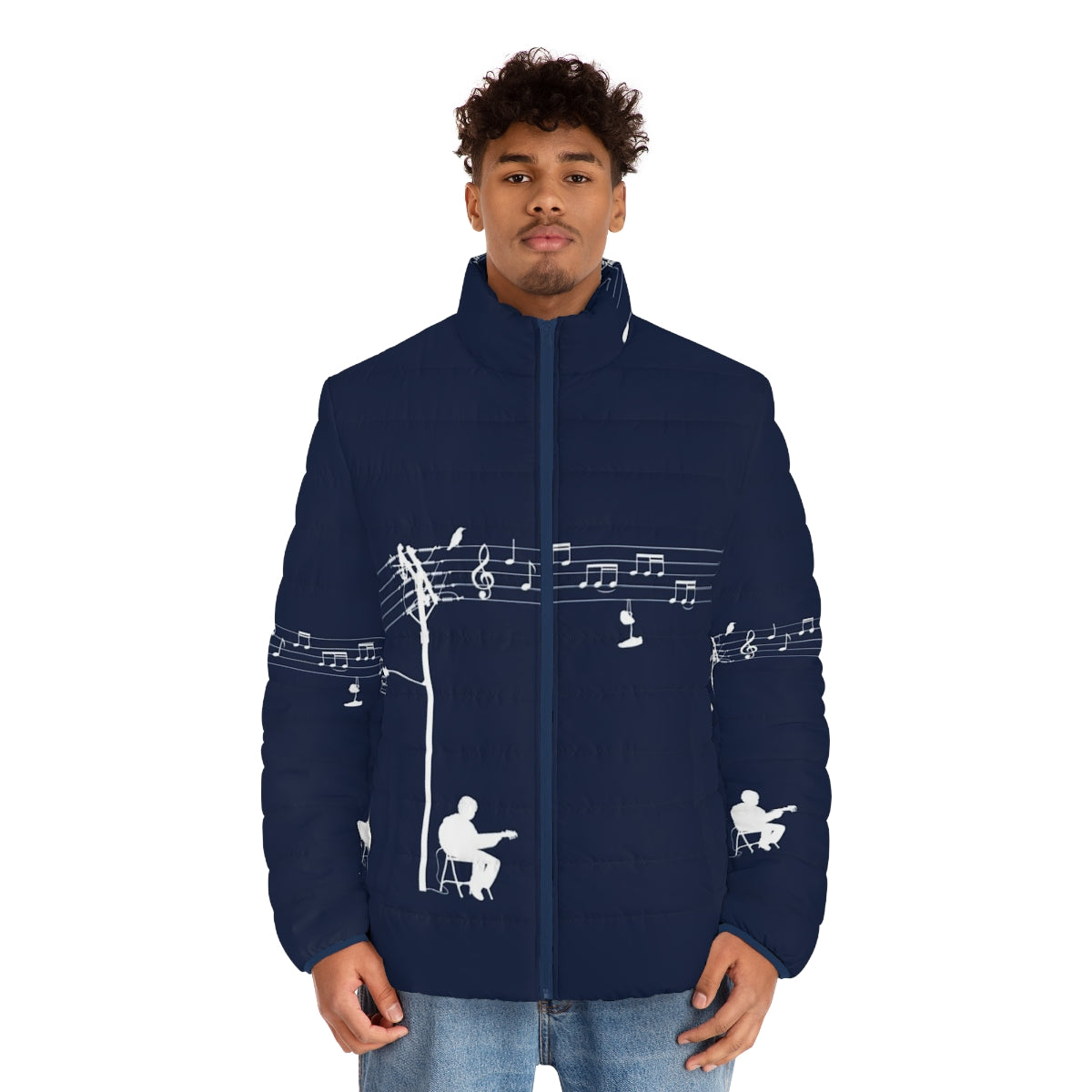 White puffer jacket with music-inspired vector art design - men front