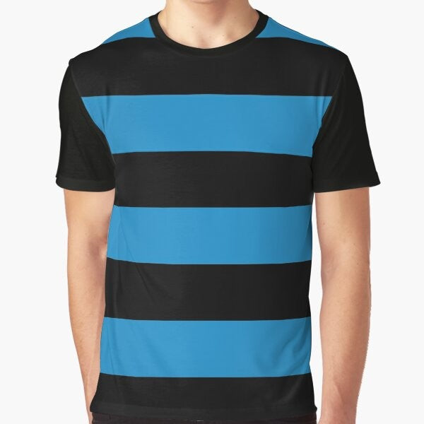 Large horizontal striped graphic t-shirt in ocean blue and black