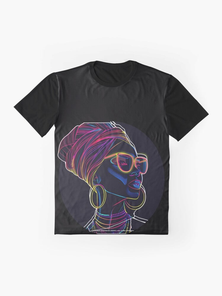 Radiant Queen Graphic T-Shirt featuring a vibrant neon portrait of an African beauty with glowing silhouette and luminous lines. - Flat lay