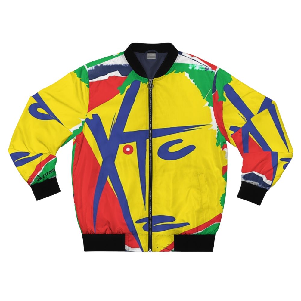 A bomber jacket featuring the XTC band logo and artwork