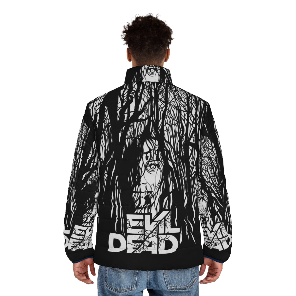 Evil Dead-inspired puffer jacket with gothic and horror-themed design - men back