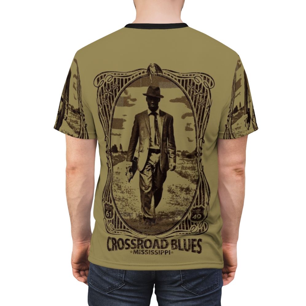 Crossroads blues-inspired t-shirt with graphic artwork representing the legendary Robert Johnson and delta blues music. - men back