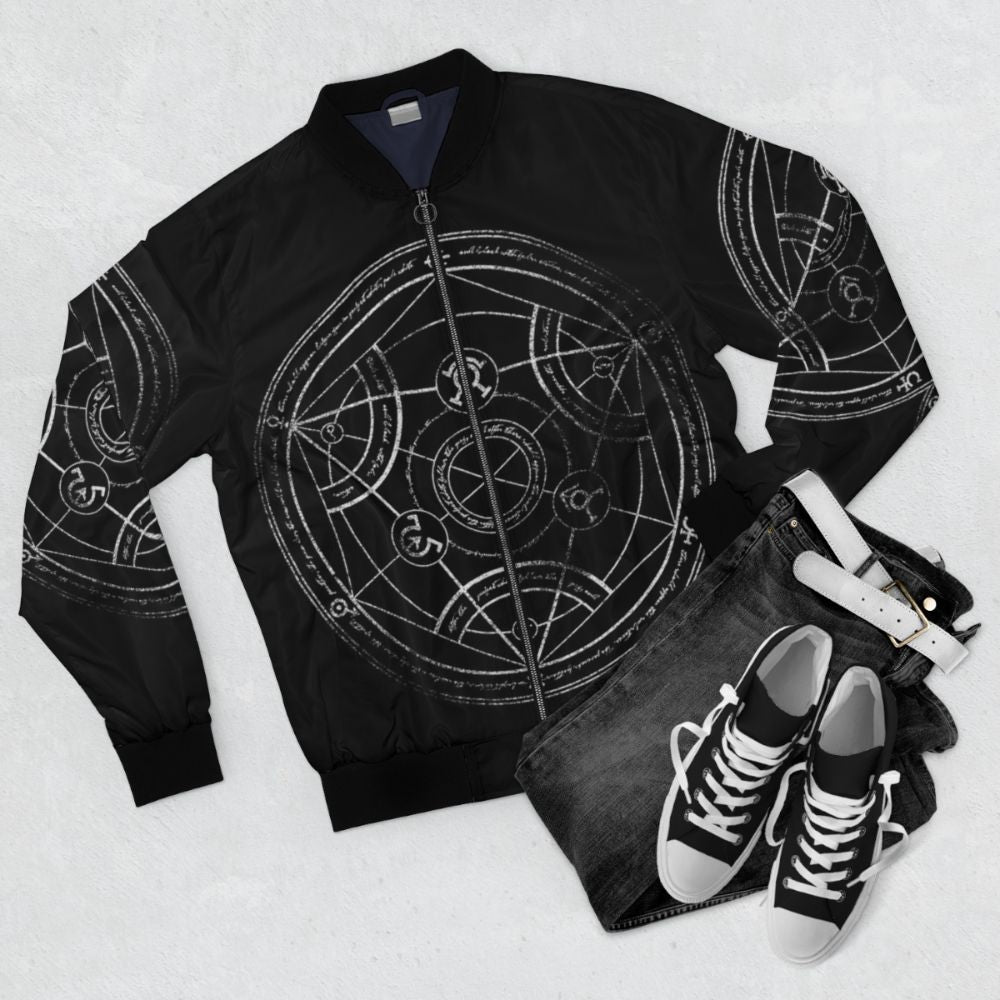 Fullmetal Alchemist-inspired chalk-designed human transmutation circle bomber jacket - Flat lay