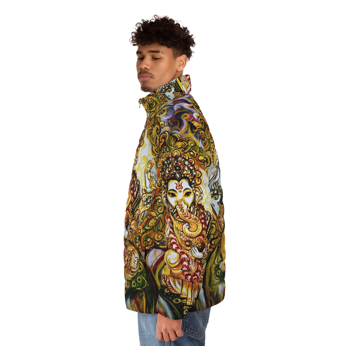 Lord Ganesha Puffer Jacket featuring the elephant god in a colorful, mythological design - men side left