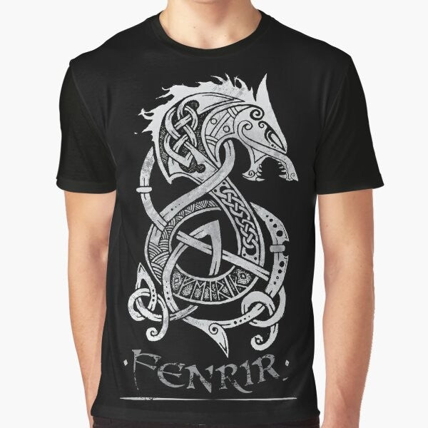 Fenrir, the monstrous wolf from Norse mythology, featured on a gray graphic t-shirt design.