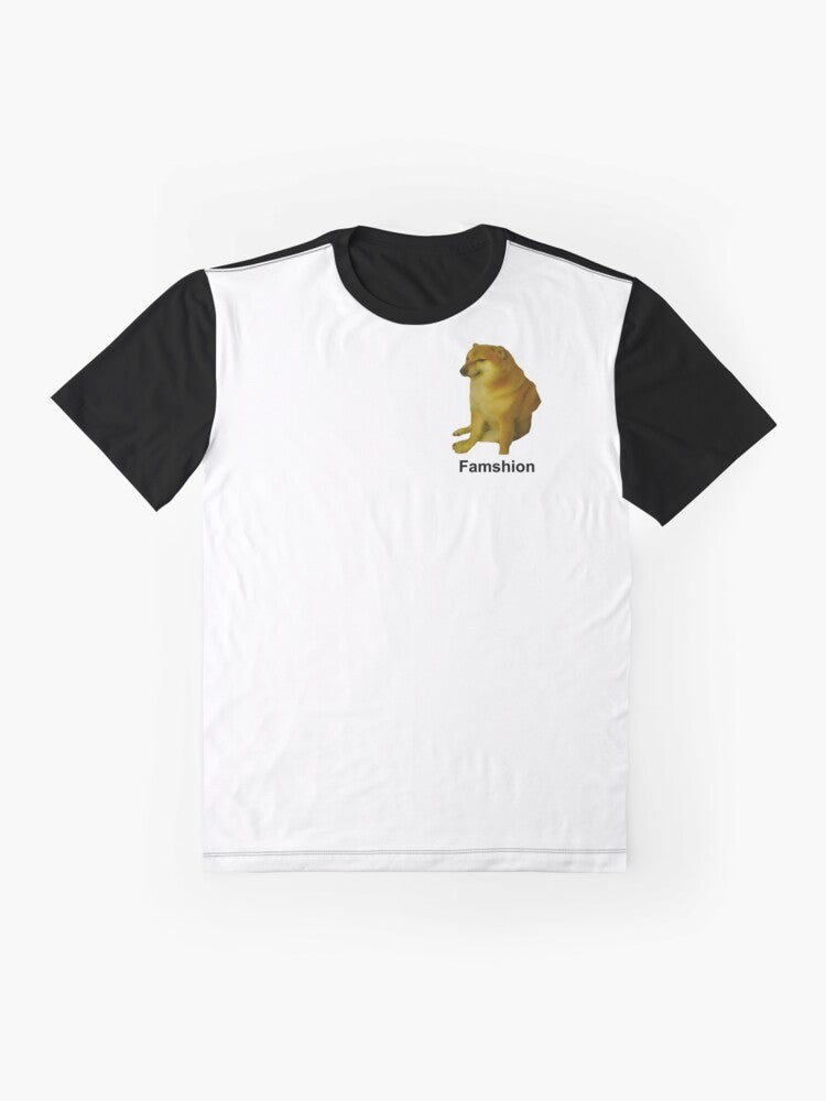 Cheems, a popular Shiba Inu meme character, featured on a yellow graphic t-shirt. - Flat lay