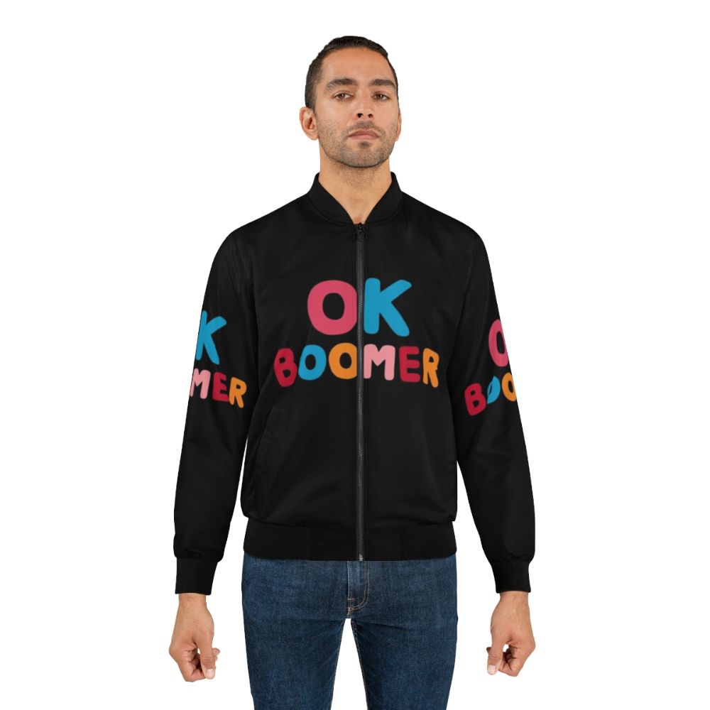 "Ok Boomer" Bomber Jacket with Colorful Typographic Design - Lifestyle