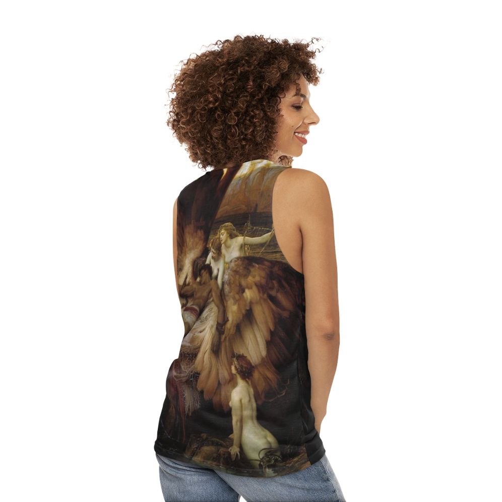 Unisex tank top featuring the Icarus myth painting by Herbert James Draper - women back