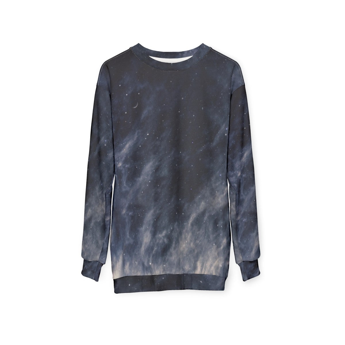 Blue Moon Sweatshirt with Clouds and Starry Sky Design - hanging