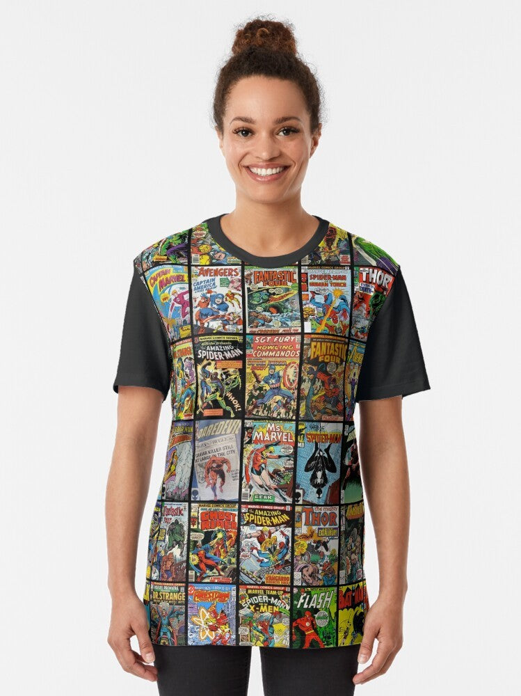 Vintage Superhero Comic Book Collection Pattern Graphic T-Shirt - Women