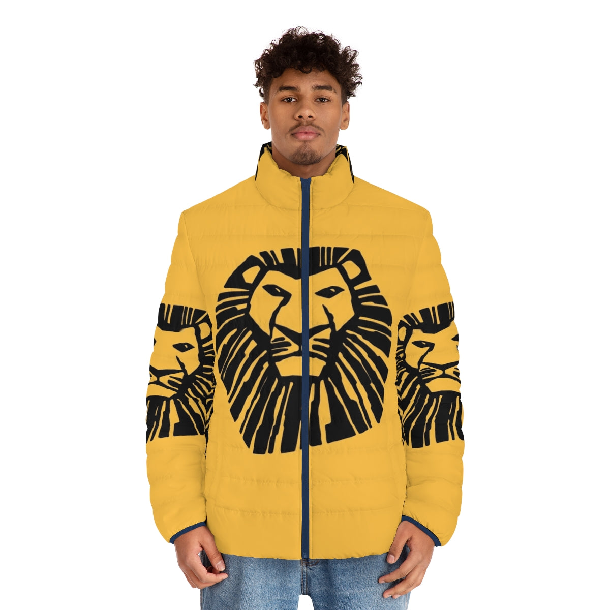 A puffer jacket featuring the iconic Lion King logo, perfect for fans of the beloved musical and movie. - men front