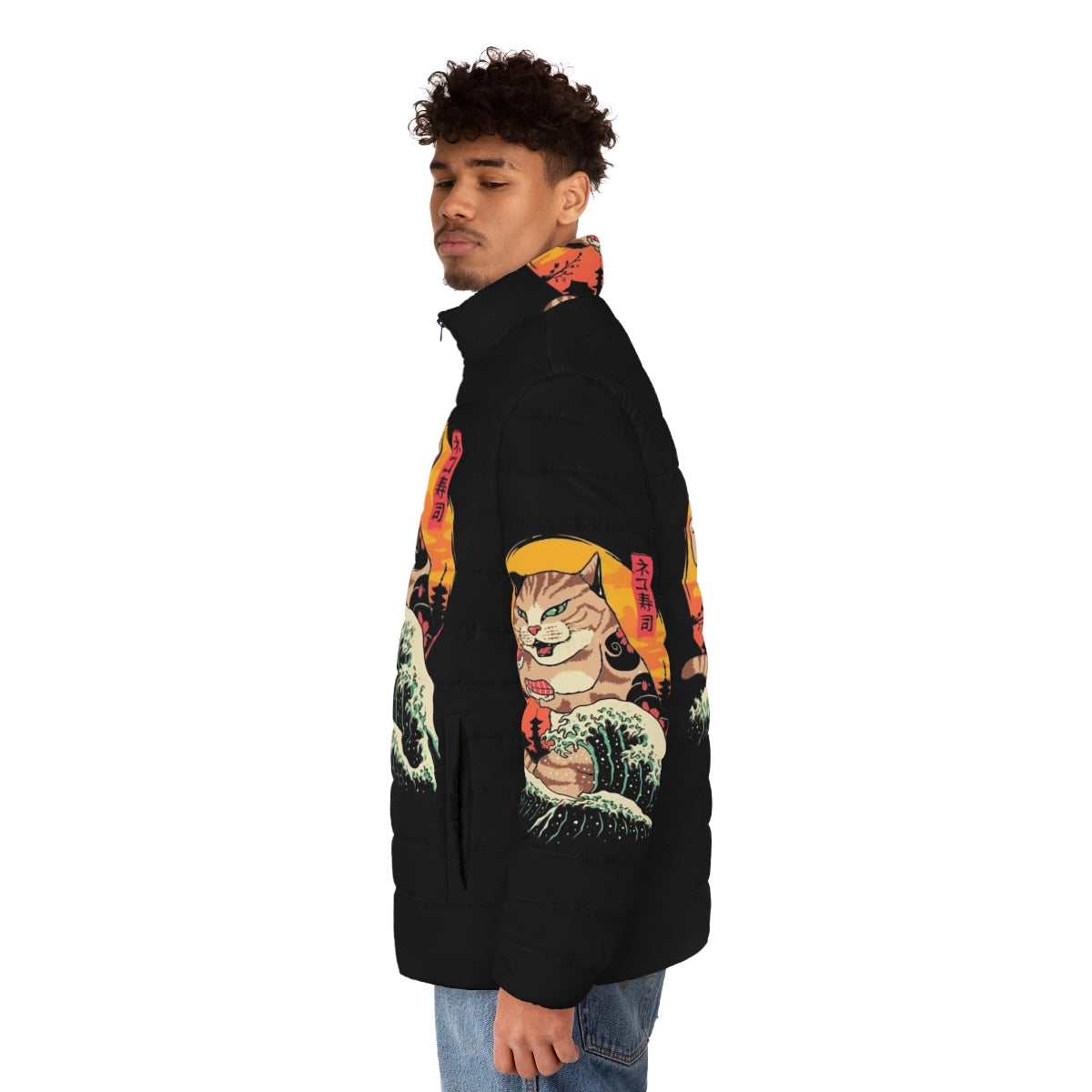 A puffer jacket featuring a cat and sushi design inspired by Hokusai's The Great Wave - men side left