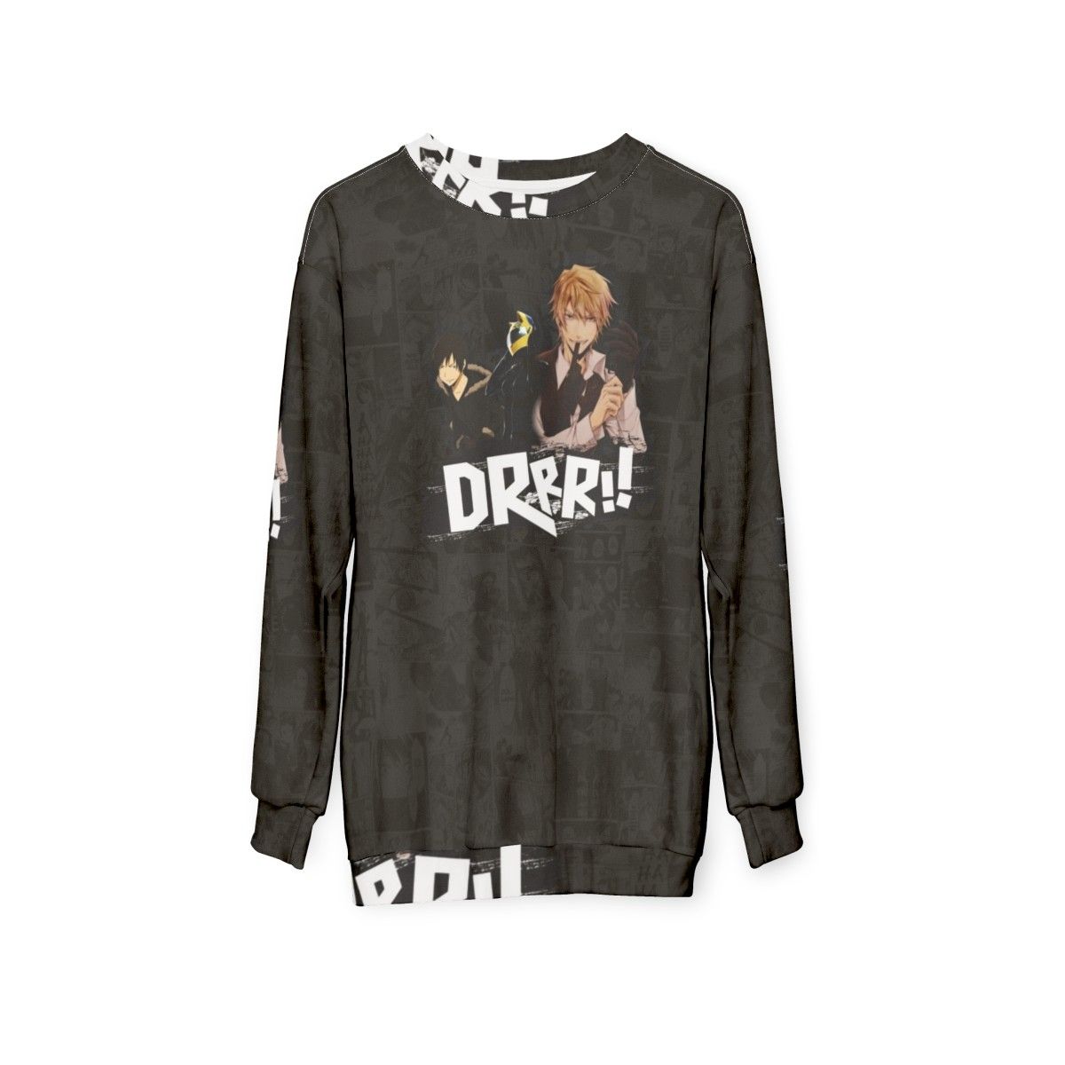 Durarara Anime Sweatshirt featuring characters Celty, Izaya, and Shizuo - hanging