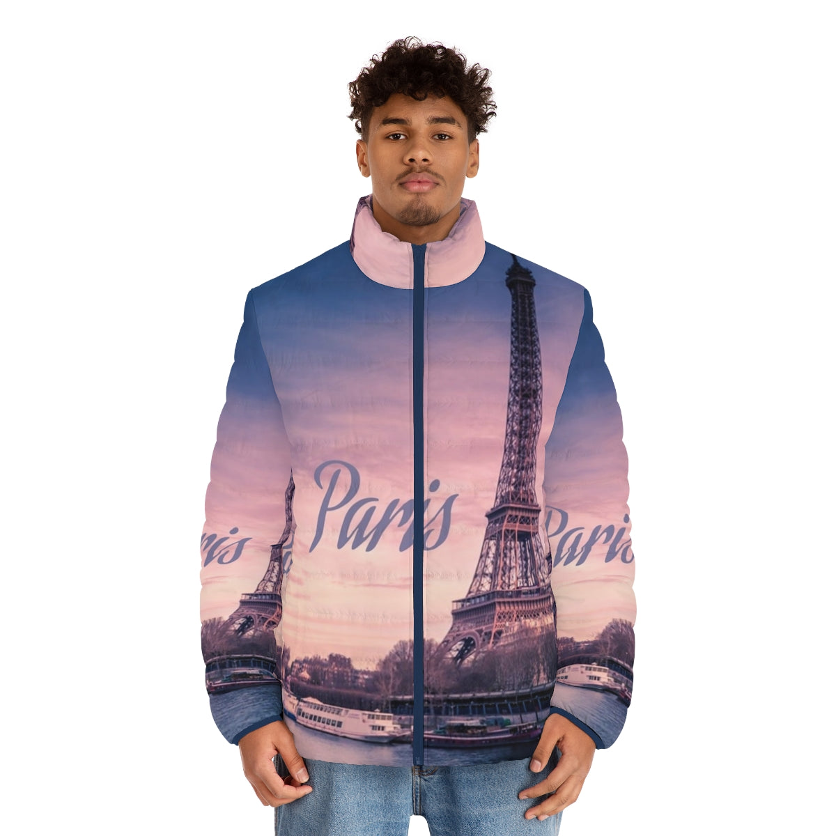 Eiffel Tower puffer jacket for winter in Paris, France - men front