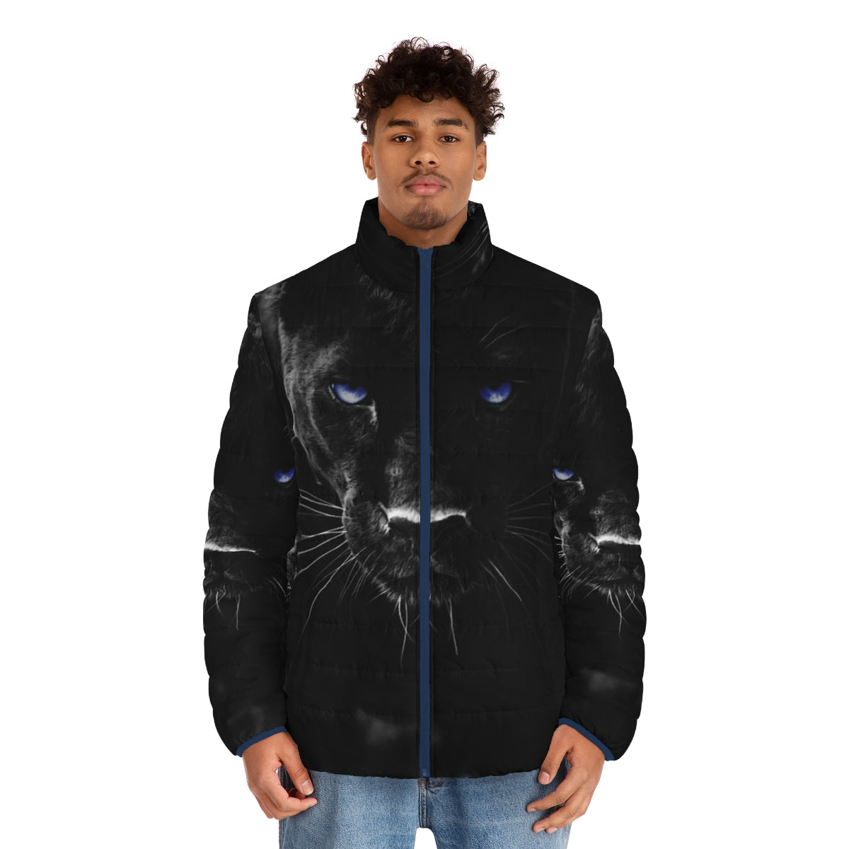 Dark Mother Puffer Jacket featuring black panther, leopard, and mountain lion design - men front