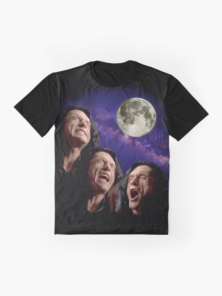 Tommy Wiseau's Three Wiseau Moon Graphic T-Shirt, featuring a parody of the classic "Three Wolf Moon" meme - Flat lay