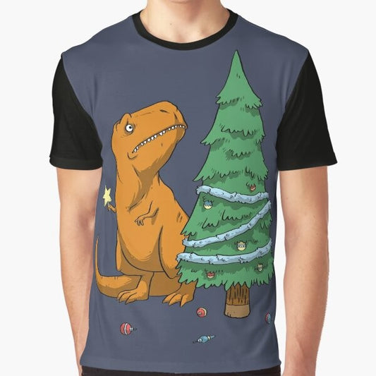 Illustration of a T-Rex dinosaur with tiny arms wearing a Christmas tree ornament on its head, surrounded by holiday decor.