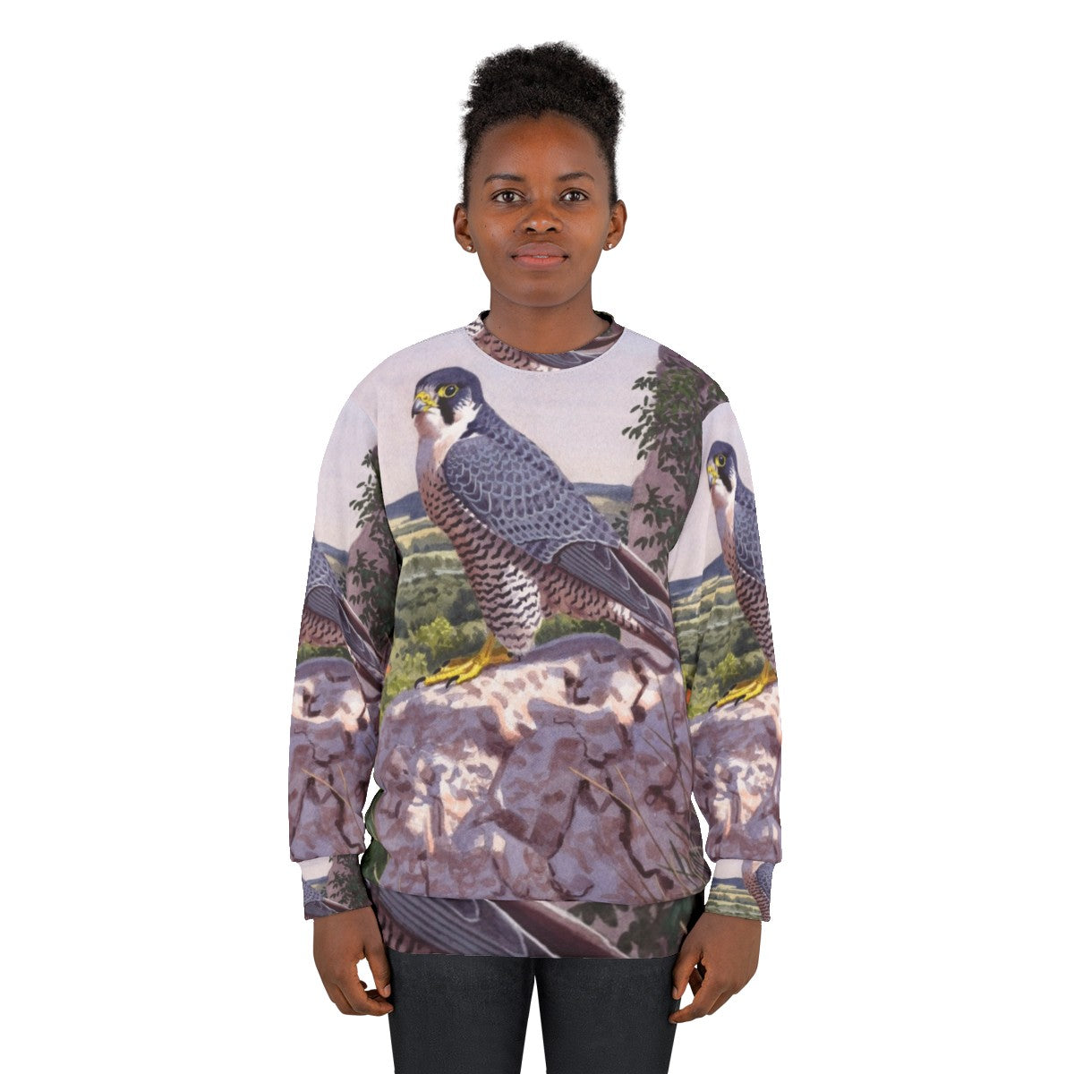 Peregrine falcon inspired sweatshirt with bird art - women