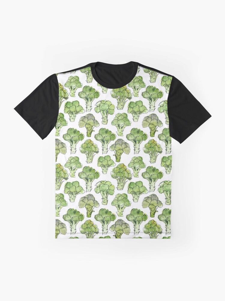 Watercolor illustration of broccoli florettes and flowers on a green t-shirt. - Flat lay