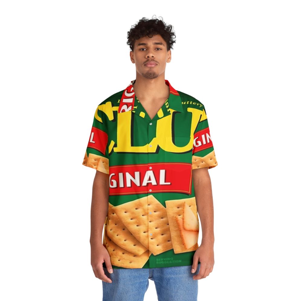 Food-inspired Hawaiian shirt featuring crackers, cheez-its, and other snack elements - People Front