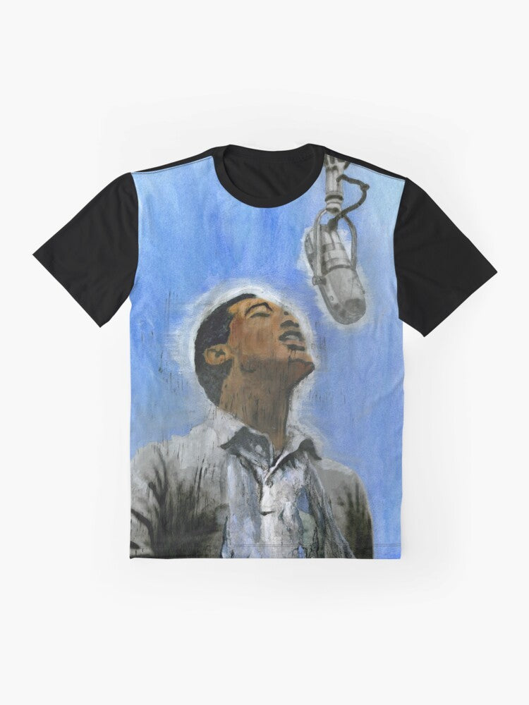 Vintage-style graphic t-shirt featuring a portrait of legendary soul singer Sam Cooke - Flat lay