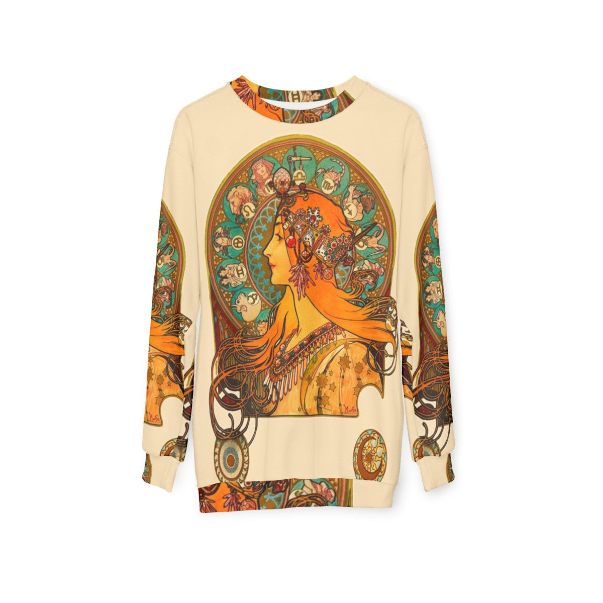 Zodiac sweatshirt with Alphonse Mucha's art nouveau style zodiac illustrations - hanging