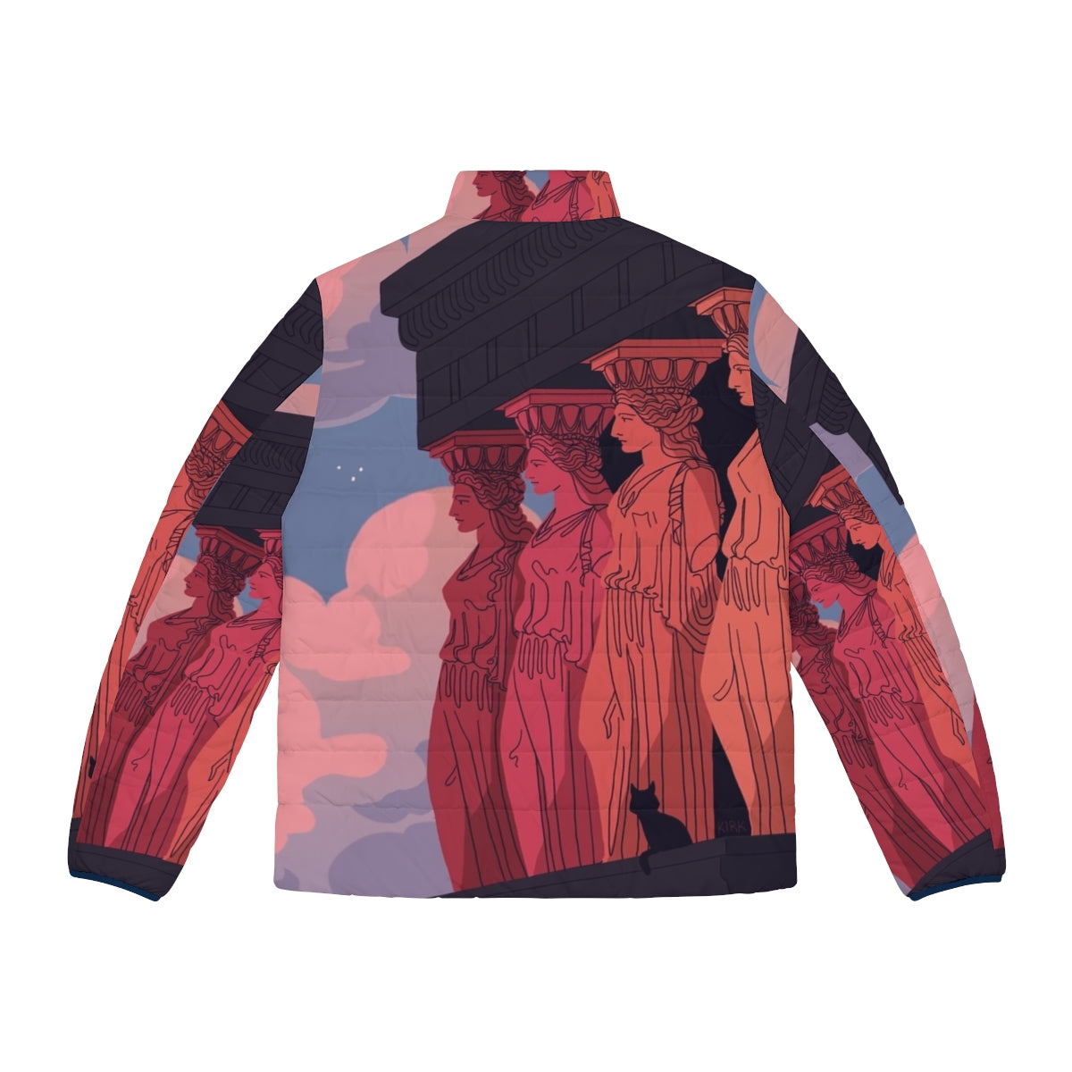 A puffer jacket featuring a stunning landscape photography of the caryatids at an ancient Greek archaeological site. - Back