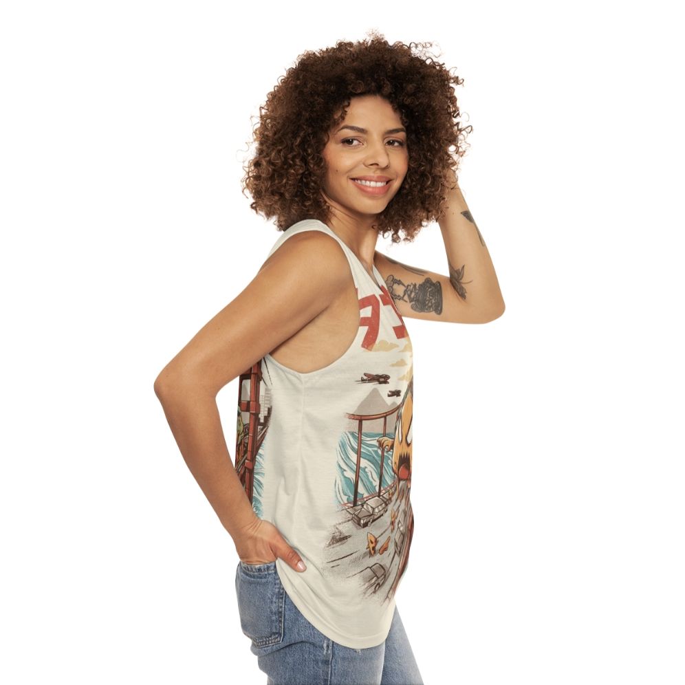 Unisex anime inspired Japanese kaiju graphic tank top - women side