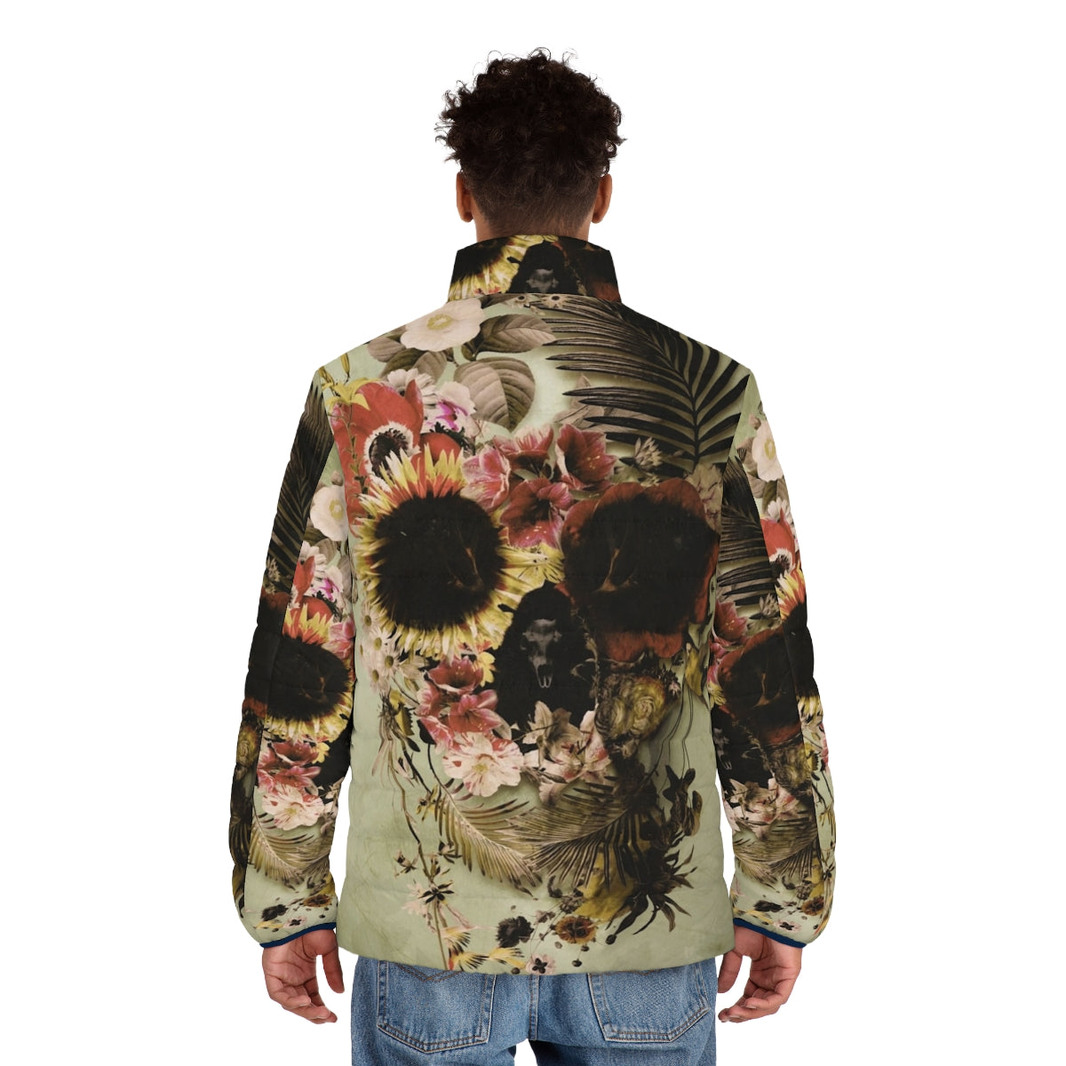 Garden Skull Light Puffer Jacket featuring floral skull art design - men back