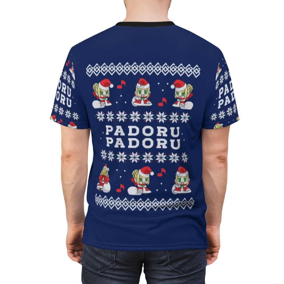 Padoru themed anime t-shirt featuring characters from the Fate series, including Saber, Nero, and Claudius, perfect for fans of Fate Grand Order and winter holiday celebrations. - men back